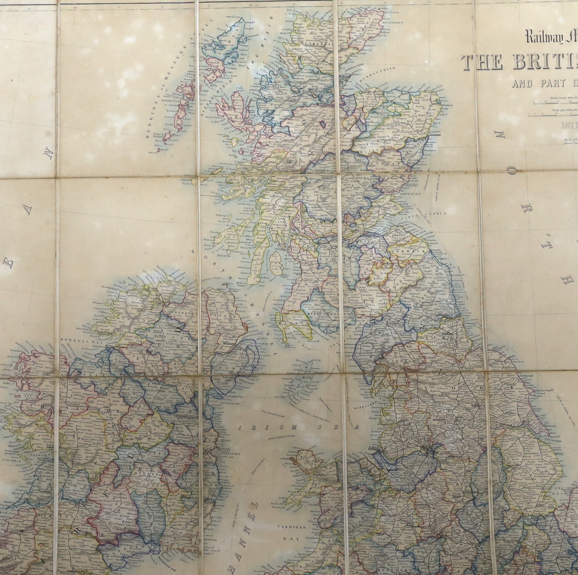 Benjamin Rees Davies, 19th century framed folding railway map of the British Isles and part of France, 1871, 95 x 79cm